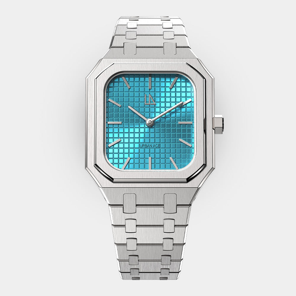 Blauw vierkant herenhorloge