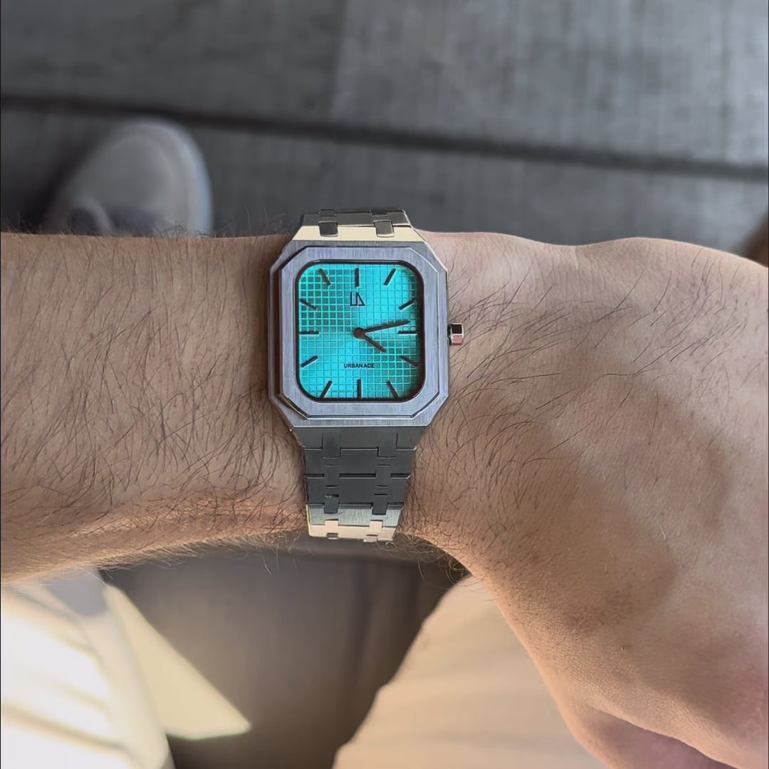 Turquoise horloge rechthoekig vierkant heren