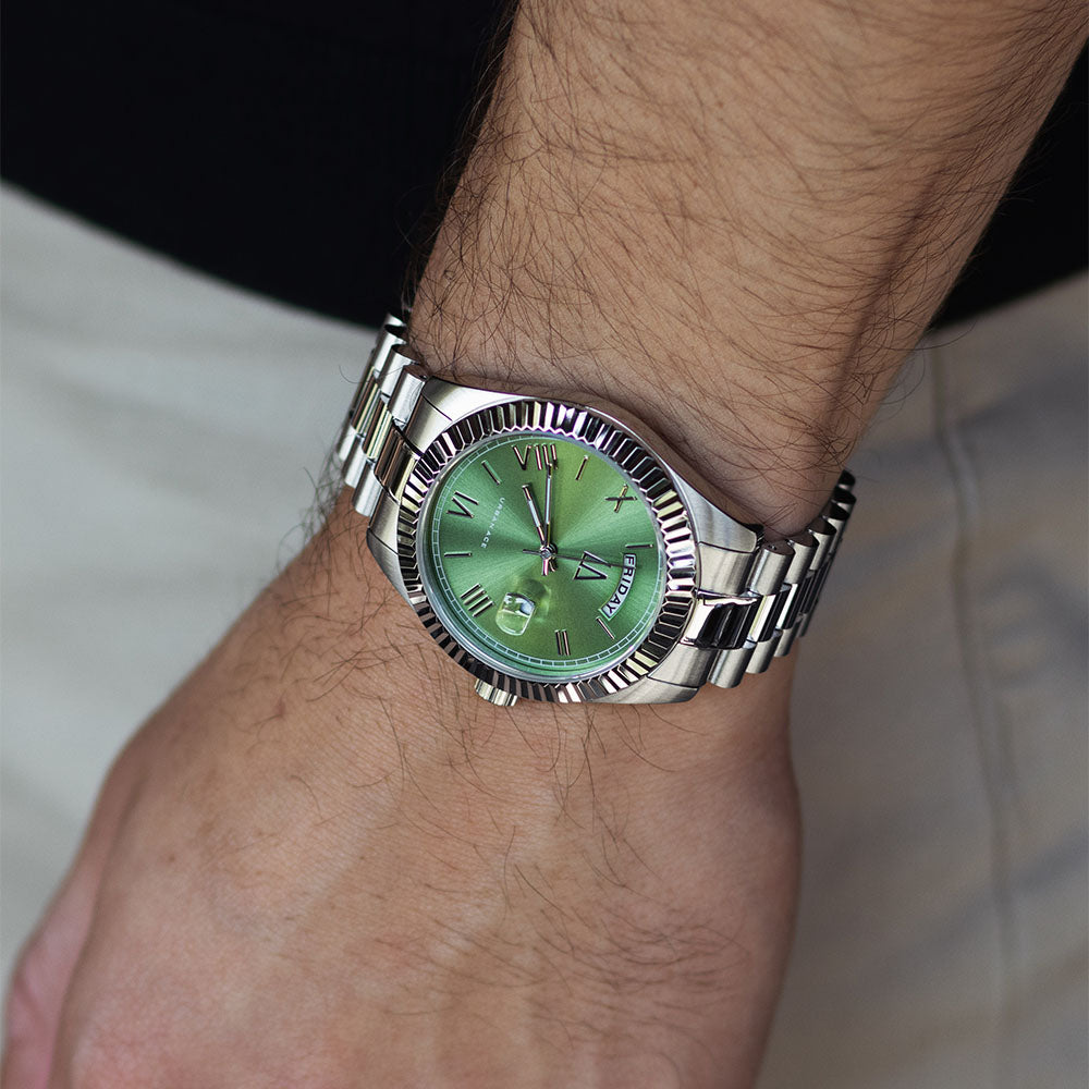 Olijf groen met zilver heren horloge